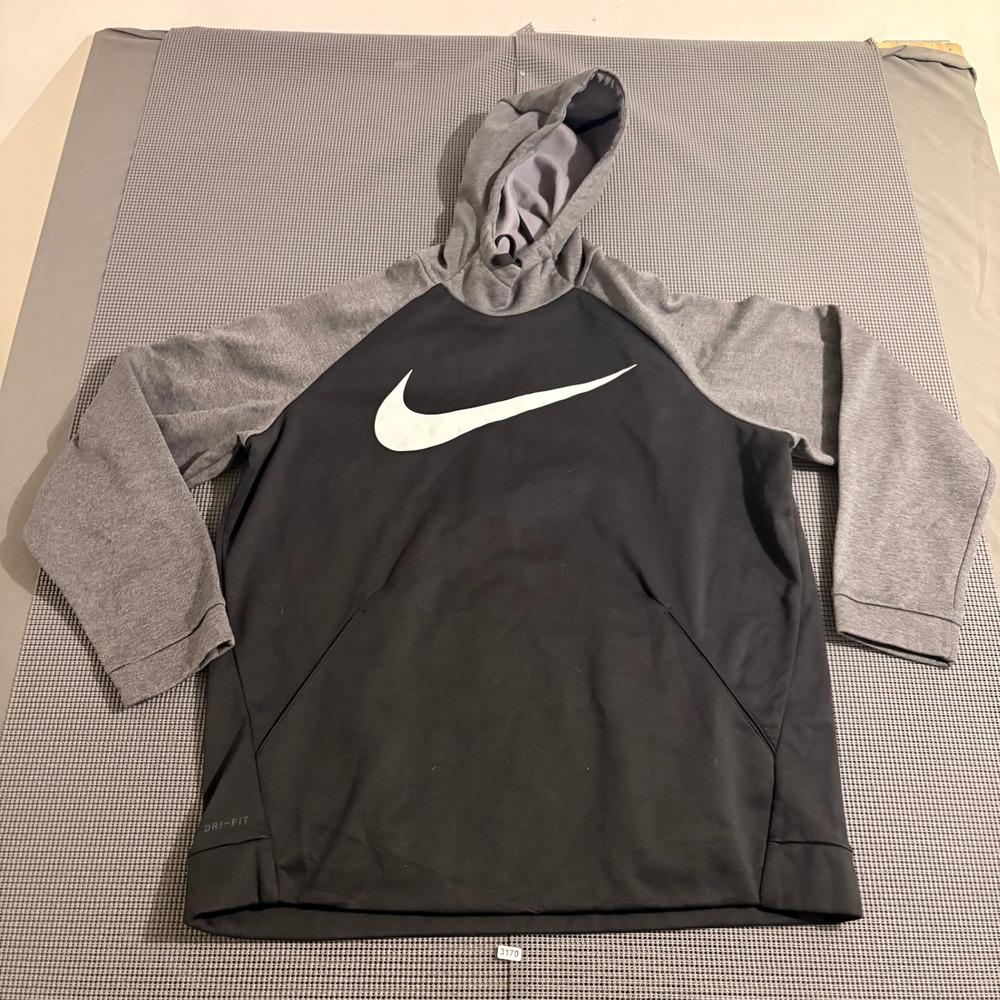 Nike Dri-FIT Hoodie Mens XL Black Grey Swoosh Pullover Sweatshirt Raglan